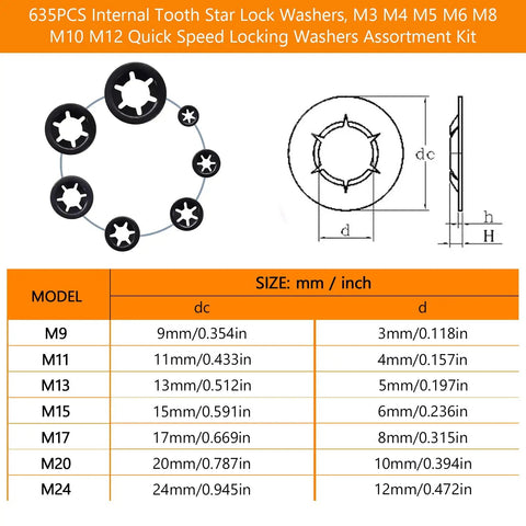 635Pcs Internal Tooth Star Lock Washers Set For M3 Through M12 Quick On Push On Locking Washers Steel Black Oxide Finish