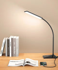 Dope LED Desk Lamp With USB Charging Port, Eye-Caring Light illuminating desk with books, phone charging via USB, adjustable neck
