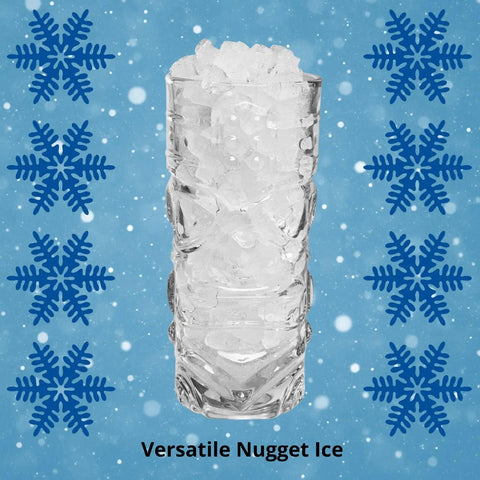 Glass filled with versatile nugget ice, ideal for drinks, against a snowy blue background.