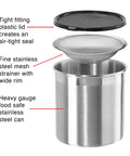 Stainless Steel Jumbo Grease Container With Removable Strainer And Snug Lid For Fryer Oil Bacon Drippings Lard And Ghee Large One Gallon Capacity Holds Up To Four Quarts For Easy Straining And Reuse Ideal For Home Cooks And Food Prep shown with lid, strainer, and container highlighted.