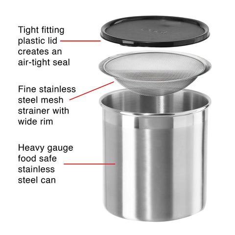 Stainless Steel Jumbo Grease Container With Removable Strainer And Snug Lid For Fryer Oil Bacon Drippings Lard And Ghee Large One Gallon Capacity Holds Up To Four Quarts For Easy Straining And Reuse Ideal For Home Cooks And Food Prep shown with lid, strainer, and container highlighted.