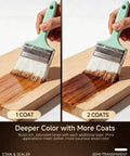 Close-up of brush applying Golden Oak Wood Stain And Sealer In One 16 Oz Deep Penetrating Blend on wood, showing one and two coats.