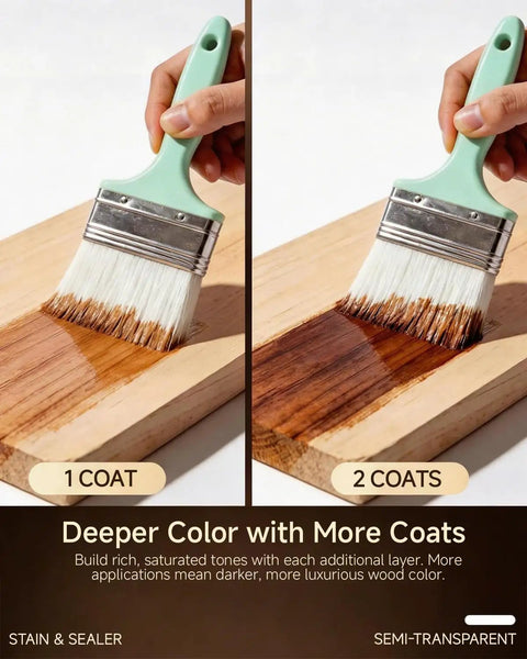 Close-up of brush applying Golden Oak Wood Stain And Sealer In One 16 Oz Deep Penetrating Blend on wood, showing one and two coats.