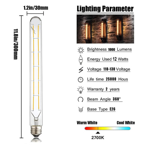 Retro Edison Look LED Filament Bulbs T10 Tubular 12W Dimmable Warm White 2700K 1000 Lumens E26 Base Clear Glass 11.8 Inch