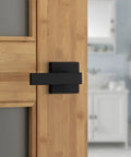 Interior Privacy Door Lever With Lock For Bedroom And Bathroom Matte Black Reversible Keyless Turn Lock No Sag Lever Microban Protection Durable Finish Easy Install on wooden door.