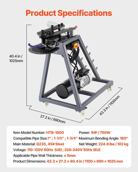 Beast Electric Tube Bender For Home Garage 750W Pipe Bending Machine with steel frame and hydraulic cylinder, front view.