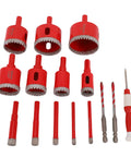Premium 12 Piece Hole Saw Kit For Tile And Glass Core Drill Bits With Vacuum Brazed Edges Perfect For Marble Granite And Hard Surfaces Plus Extra Serrated Bits And EVA Locating Mold In Tough Case, red drill bits set