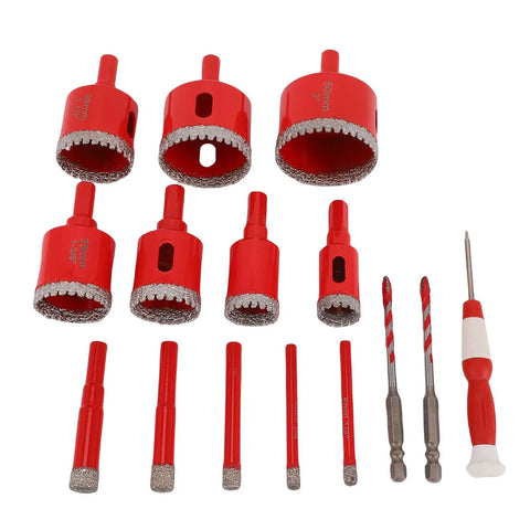 Premium 12 Piece Hole Saw Kit For Tile And Glass Core Drill Bits With Vacuum Brazed Edges Perfect For Marble Granite And Hard Surfaces Plus Extra Serrated Bits And EVA Locating Mold In Tough Case, red drill bits set
