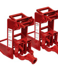 Two Pack Malleable Iron Wall Jacks For Framing Lifting Heavy Beams And Tightening Flooring Compatible With One Inch Steel Pipe Or Standard Wooden Poles Easy To Use Heavy Duty Support Up To 1000 Lbs Capacity For Construction Projects in red color.