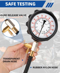 Front view of Jiimee fuel pressure tester kit; 0-140 PSI gauge, brass adapters, transparent drain hose, nylon hose