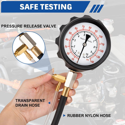 Front view of Jiimee fuel pressure tester kit; 0-140 PSI gauge, brass adapters, transparent drain hose, nylon hose