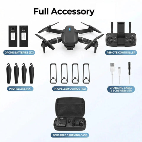 1080P HD FPV Mini Drone With Camera Foldable For Adults Easy To Fly With One Key Takeoff And Landing Gesture Selfie Altitude Hold 3D Flip And Dual Batteries shown with full accessory kit including remote, batteries, and case.