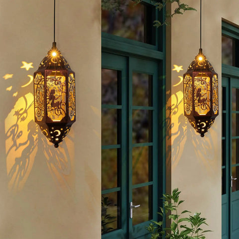12.4 Inch Solar Outdoor Lanterns Waterproof Garden Lights With Moon And Star Cutouts, Antique Red Copper, Hanging Patio Decor