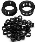 50 Count Black Nylon Snap In Cable Bushing Grommet Protectors For Nine Sixteenths Inch Cables With Three Quarters Inch Mounting Diameter Model SB Nineteen Durable Corrosion Resistant Easy Install showcasing two main and multiple smaller grommets on white background