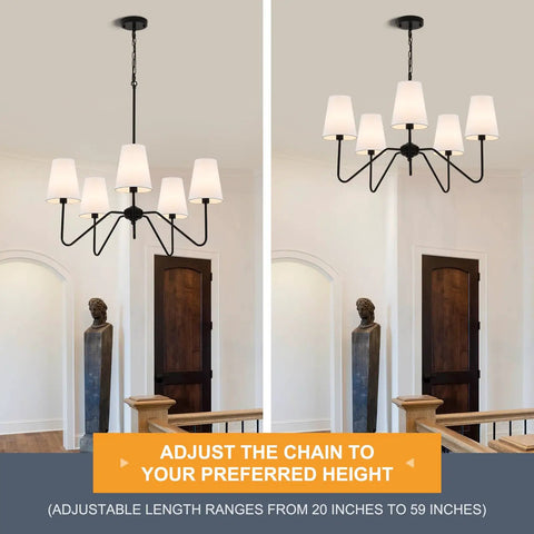 Dope Modern 5 Arm Pendant Chandelier For Dining Room With White Fabric Shades Matte Black Finish 30 Inch Diameter Height Adjustable Ceiling Light Over Table For Living Room Hallway Bedroom