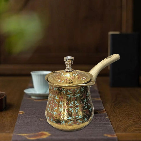 Versatile Milk Warmer And Coffee Pot With Long Handle Teapot Kettle 720ml on wooden table, ornate exterior, and wooden handle