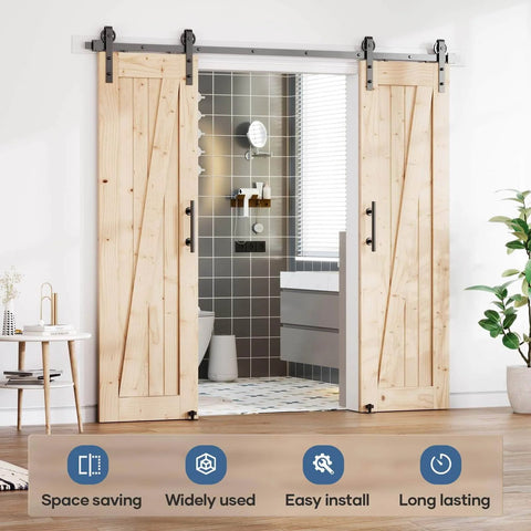 Double Sliding Barn Door Hardware Track Kit With Industrial Spoke Wheel Handle, installed in interior bathroom entrance.