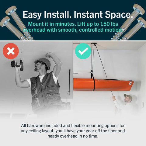 Kayak And Canoe Ceiling Hoist For Garage Storage, Heavy Duty Pulley System With Adjustable Straps, Installed Hoist