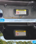 Before and after of Ford Mustang sun visor covers 1994 to 2004, vinyl leather trim replacement with anti-scratch protection.