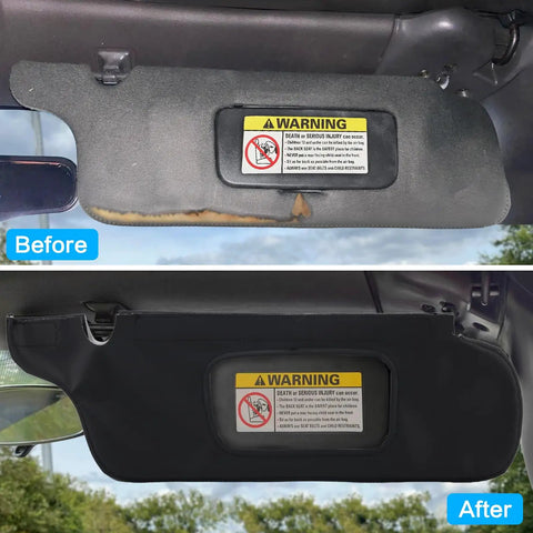 Before and after of Ford Mustang sun visor covers 1994 to 2004, vinyl leather trim replacement with anti-scratch protection.