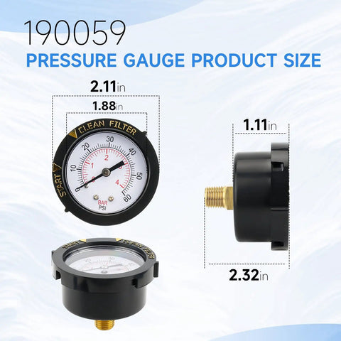 Pool Pressure Gauge Replacement For Spa Valve And Filter Fits 190059 Style Gauges Works With Nautilus Plus Cristal Flo Triton And More Plug And Play Install For Quick Pool And Spa Setup 2-inch dial