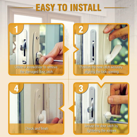 Instructions for installing a No Sweat Replacement Premium White Sliding Door Thumb Latch for Andersen 200 Series Narroline and Frenchwood.