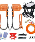 Complete Pro Grade Tree Climbing Spikes Set With Adjustable Straps And Steel Wire Core Flip Line, including gloves and tools