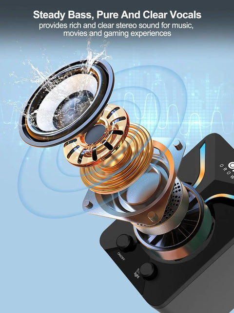 Exploded view of 2.1 Channel Desktop Speakers with Subwoofer and RGB Lighting USB Powered Gaming Speaker components.