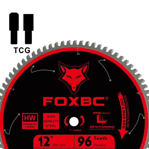12 Inch Saw Blade For Aluminum And Non-Ferrous Metal And Plastic, 96-Tooth TCG, 1-Inch Arbor, .094 Kerf, -5 Degree Hook Angle, front view