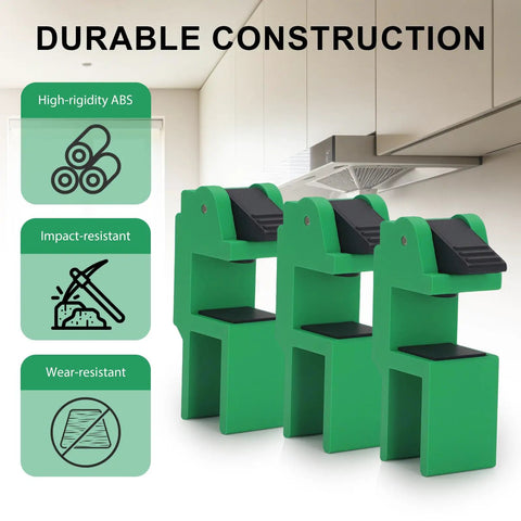 No Sweat Scribing Setup For 18Mm Cabinet Panels Three Pack Killer Grips showing green ABS clamps for kitchen filler panels.