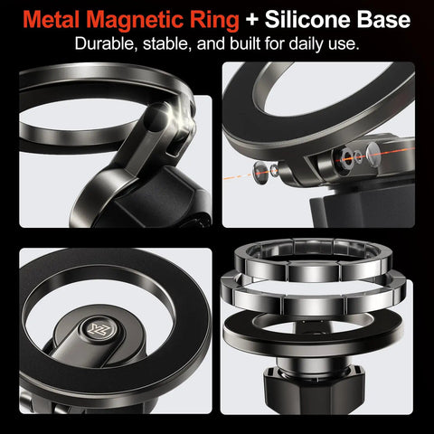 Close-up of Metal Magnetic Ring and Silicone Base for Magnetic Phone Mount For Tesla Model Y Juniper 2024 To 2026 And Model 3 Highland Hidden Dashboard Design 360 Degree Rotatable Car Holder Rock Solid Anti Shake Mount Will Not Block View Easy To Install Snug Factory Like Fit.