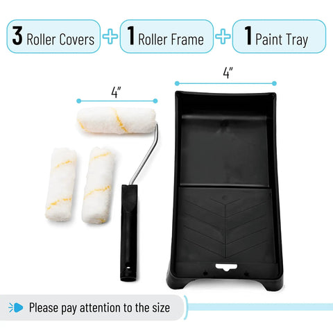 4 Inch Paint Tray Set With Mini Roller Kit Includes Three Microfiber Rollers Durable 4 Inch Frame And Tray For Slick Edges DIY Friendly House Painting Supplies For Quick Edges And Pro Finish shown with components including paint tray and roller frames.