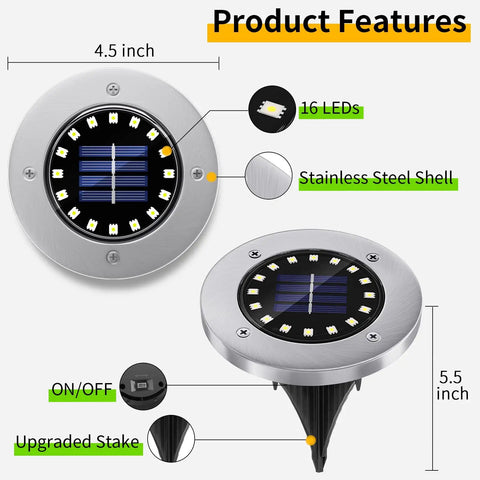 Diagram of 16 Pack Solar Ground Lights Outdoor With 16 LEDs Multi Color Waterproof Landscape Lights, showing design features.