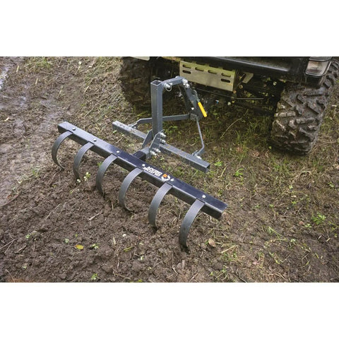 Heavy Duty Tine Plow Attachment For ATV UTV Or Truck 51 Inch Wide Landscape Rake With 6 Beveled Spring Steel Tines on soil