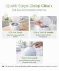 Compact Ultrasonic Cleaner Pod With Uv C Light And Smart One Touch Mode For Rapid Deep Washing steps to fill and use.