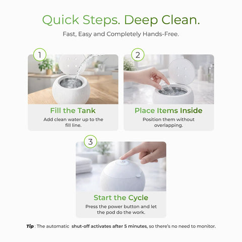Compact Ultrasonic Cleaner Pod With Uv C Light And Smart One Touch Mode For Rapid Deep Washing steps to fill and use.
