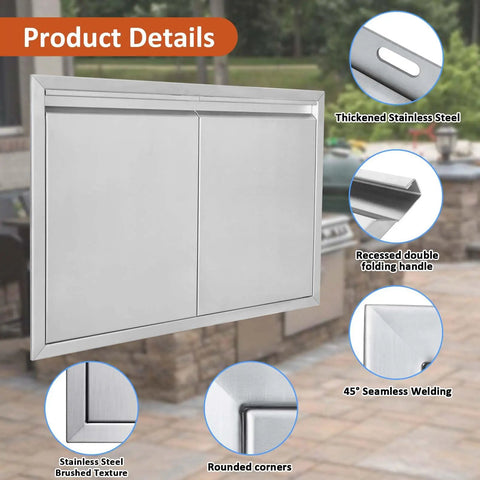 Badass 35 By 24 Double BBQ Access Door For Outdoor Kitchens With Slick Recessed Latches Concealed Hinges Heavy Duty 304 Stainless Steel Built Tough For Backyard Islands And Game Day Cooking Setups with brushed texture and double folding handle.