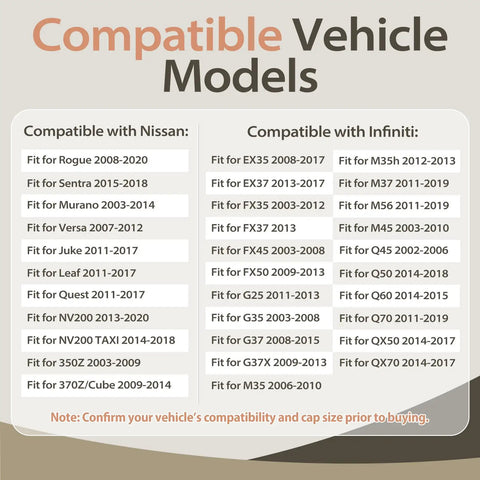 Compatibility chart for the 2Pcs Premium Leak Proof Coolant Reservoir Cap Set For OEM 21712 79900 with Nissan and Infiniti models.
