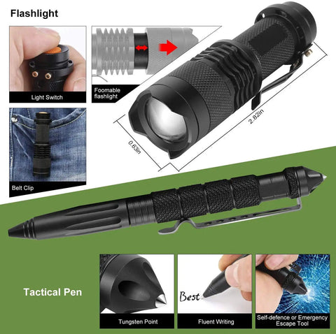 All In One 22 In 1 Survival Kit For Men Your Go To Emergency Gear For Camping Hiking Hunting Disaster Prep Tactical SOS Readiness Waterproof Case Outdoor Adventure Essentials featuring a tactical pen and flashlight.