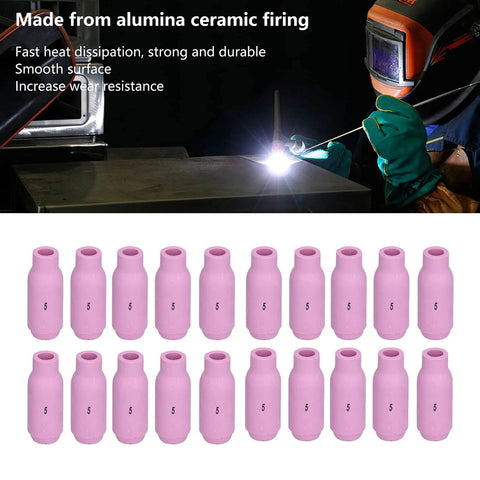 Tough Alumina Ceramic Nozzles With Gas Lens Cups For TIG Welding Torch in a pack of 20, featuring durable pink nozzles.