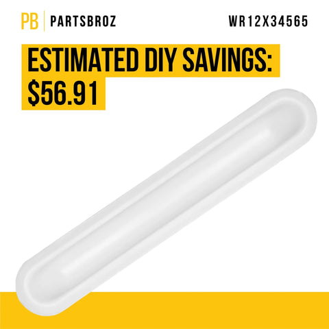 White Pocket Handle WR12X34565 Replacement For GE And Hotpoint Refrigerators shown in close-up, estimated savings highlighted