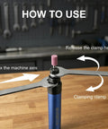 Top Shelf 1/8 Inch Pencil Air Die Grinder Rock Solid Pneumatic Rotary Tool showing clamping mechanism and usage instructions.