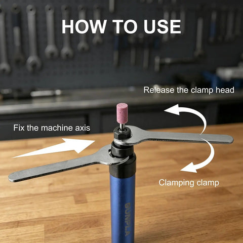 Top Shelf 1/8 Inch Pencil Air Die Grinder Rock Solid Pneumatic Rotary Tool showing clamping mechanism and usage instructions.