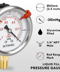 Front view of glycerin-filled vacuum gauge, 2.5 in dial, stainless steel case, -30 to 0 inHg, 1/4 in NPT lower mount