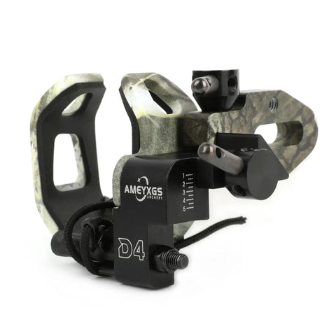 Drop Away Arrow Rest For Right Hand Compound Bow With Cable Activated Full Containment, camo finish, side view showing adjustment knob.