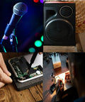 Collage of a microphone, speaker, open electronic device being repaired, and person soldering under magnifying glass.