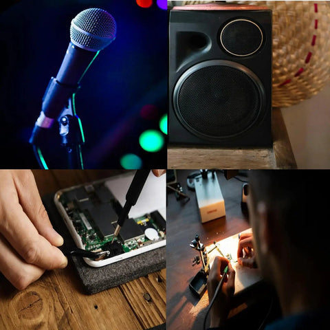 Collage of a microphone, speaker, open electronic device being repaired, and person soldering under magnifying glass.