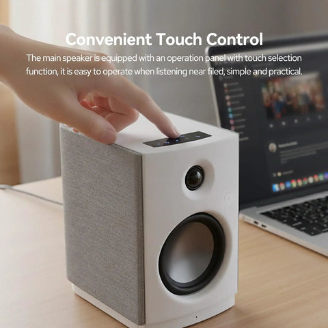 Person using touch control on Next Level Desk Speakers With Bluetooth 5.0 And 62W RMS Power, 4 Inch Woofer And 20mm Silk Dome Tweeter.