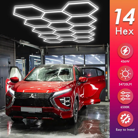 Led Hexagon Garage Light With Dope Honeycomb Ceiling Design illuminating red car in detailing bay