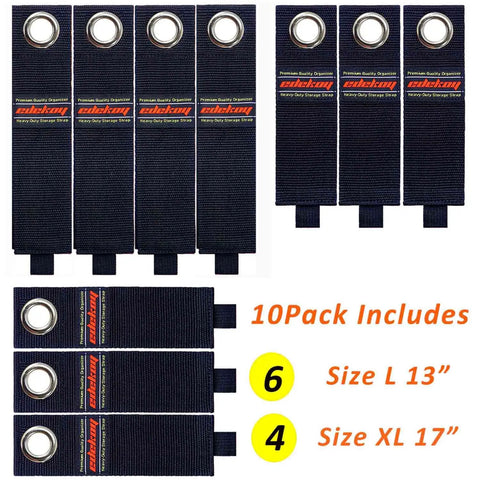Extension Cord Holder Organizer 10 Pack Heavy Duty Storage Straps 17 Inch And 13 Inch with metal grommets, black